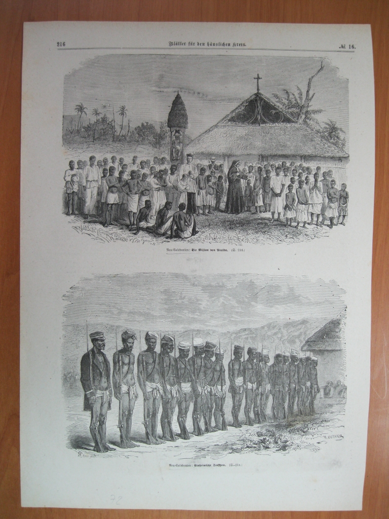 Escena religiosa y militar en Nueva Caledonia (Oceanía), 1872.